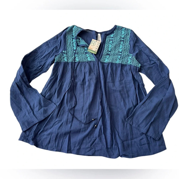 NWT Roper Women’s Long Sleeve Cotton Embroidered Blue Blouse size M - Picture 2 of 4